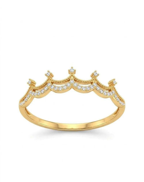 A gold crown-shaped ring with small clear pavé stones along the scalloped top, shown on a plain white background.
