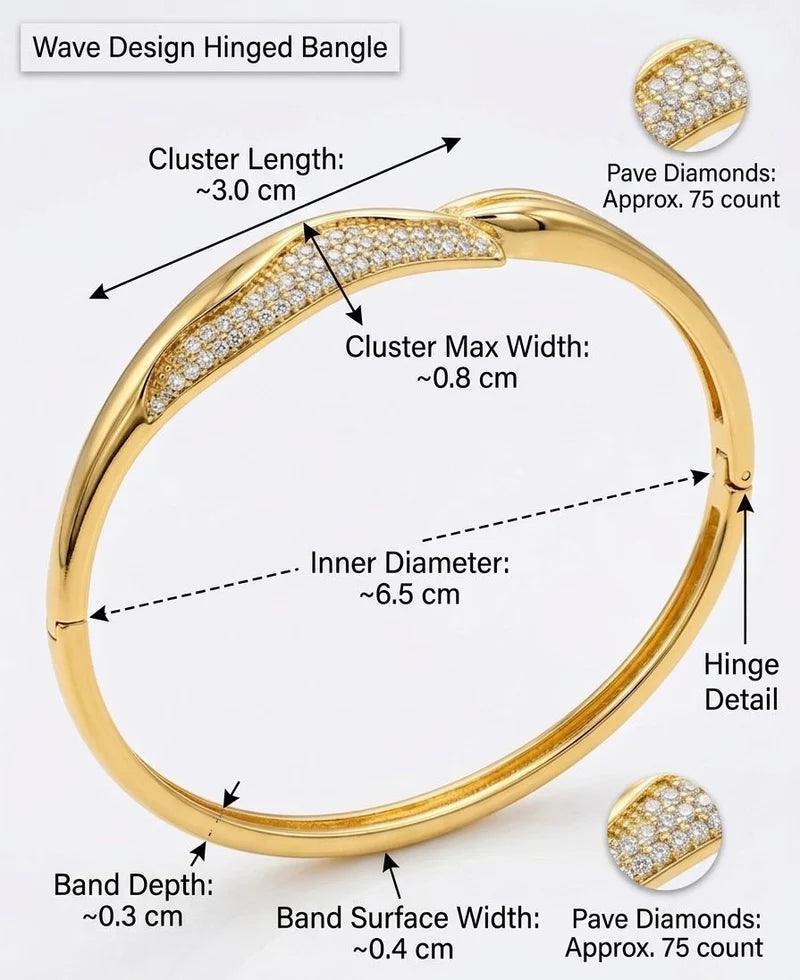 Gold hinged bangle bracelet with diamond accents, shown with measurement callouts and inset close-ups on a white background.