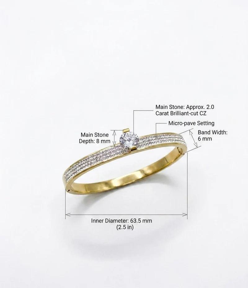 Gold ring with diamond accents and measurement details on a white background