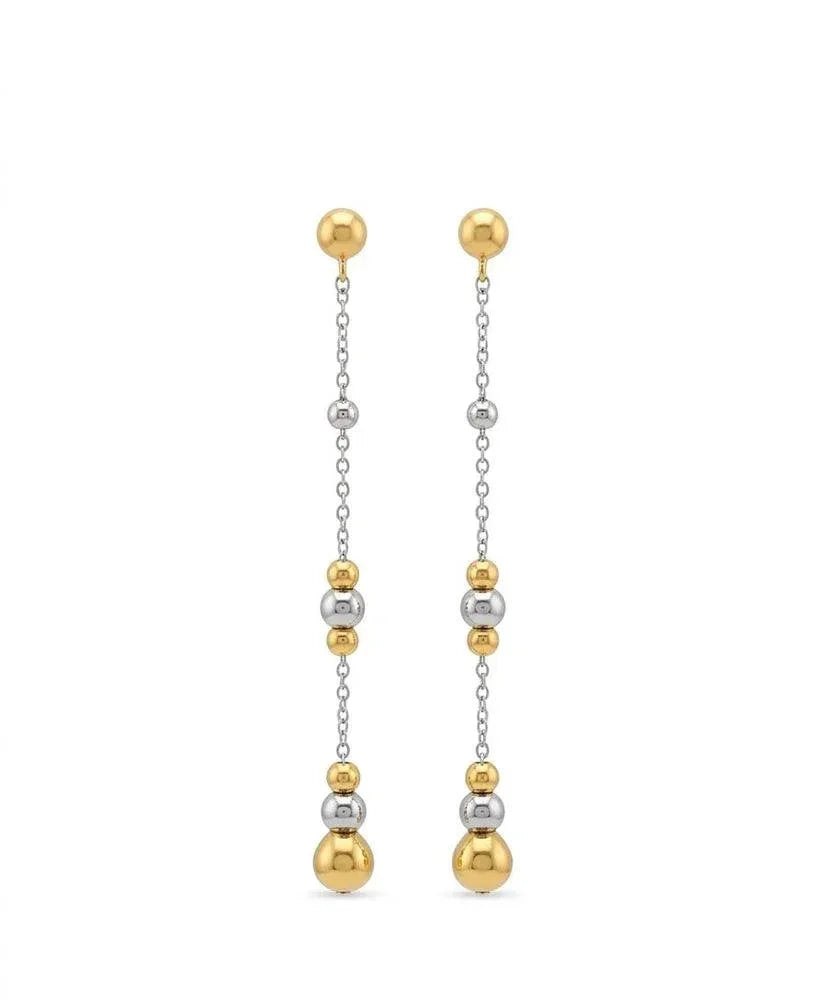 A pair of gold and silver drop earrings with spherical beads and a delicate chain design, shown on a plain white background.