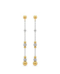 A pair of gold and silver drop earrings with spherical beads and a delicate chain design, shown on a plain white background.