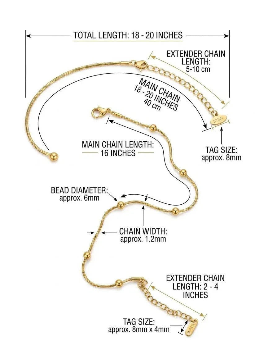 A gold-tone chain bracelet with bead accents and an extender chain, shown with measurement annotations for total length, main chain length, bead diameter, chain width, extender chain length, and tag size on a white background.