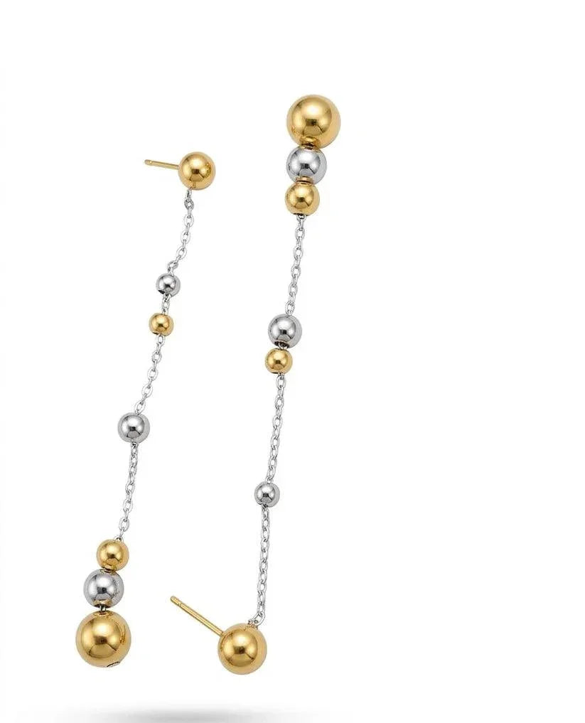 Pair of gold and silver beaded earrings on a white background