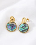 Gold earrings with abalone shell drops on a white background
