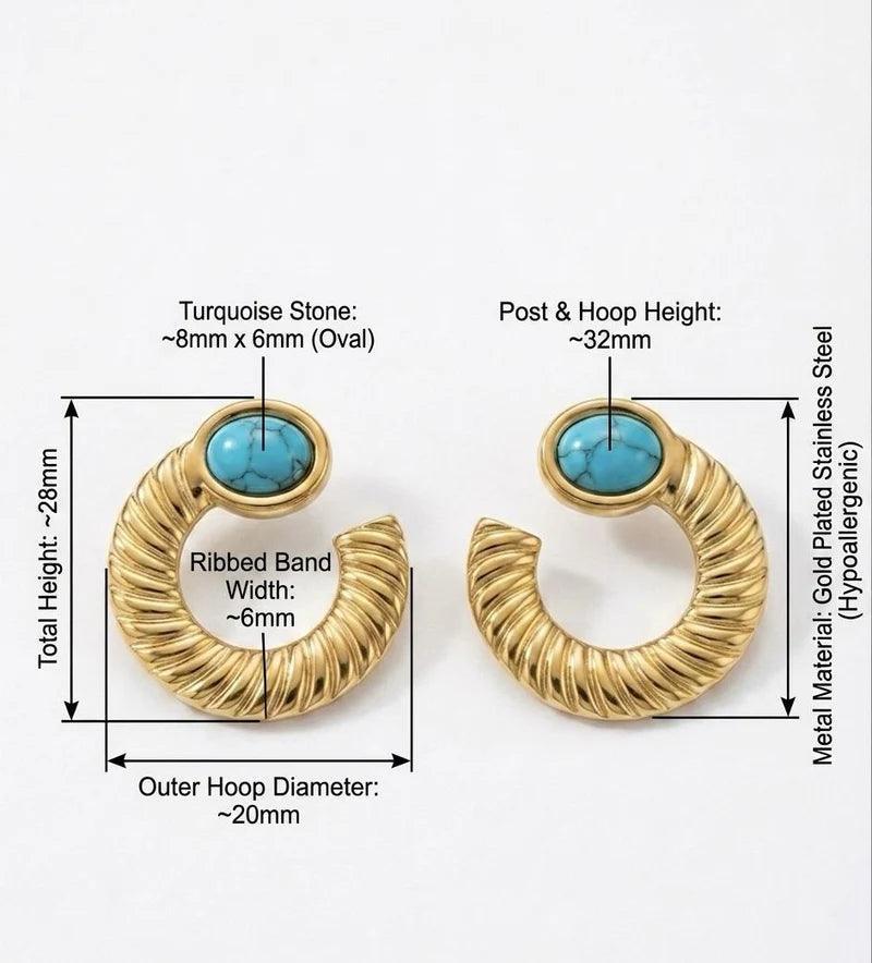 Gold hoop earrings with oval turquoise stones, shown with dimension labels and measurement lines on a white background.