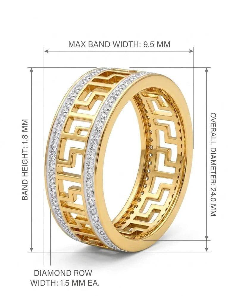 Gold ring with diamond accents and measurements on a white background