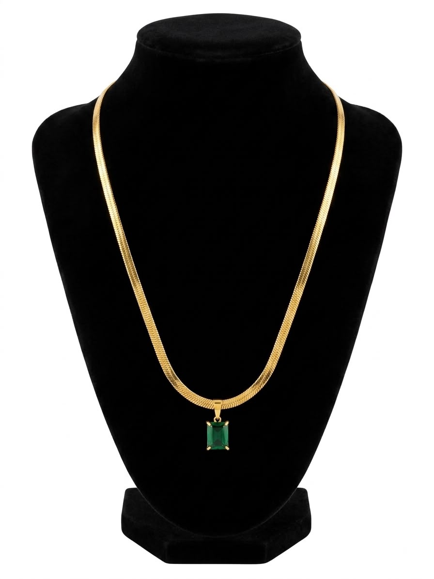 Emerald Cut Green Pendant Necklace | 18K Gold Plated Snake Chain