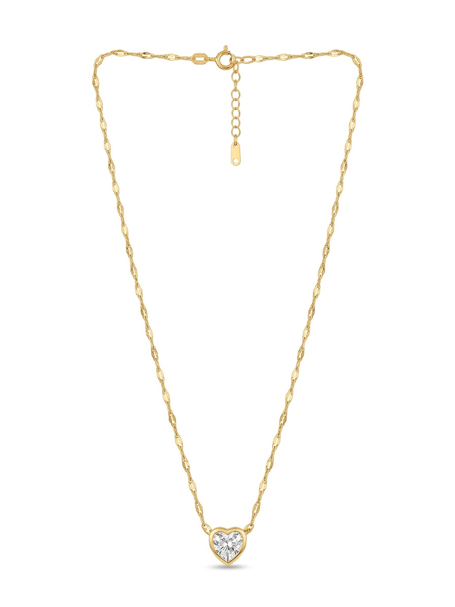 A delicate yellow gold chain necklace with a heart-shaped pendant set with clear gemstones, displayed on a clean white background.