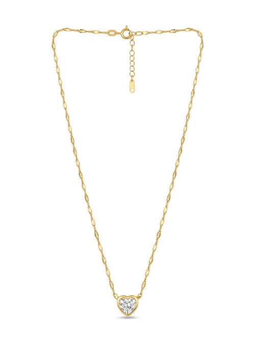 A delicate yellow gold chain necklace with a heart-shaped pendant set with clear gemstones, displayed on a clean white background.
