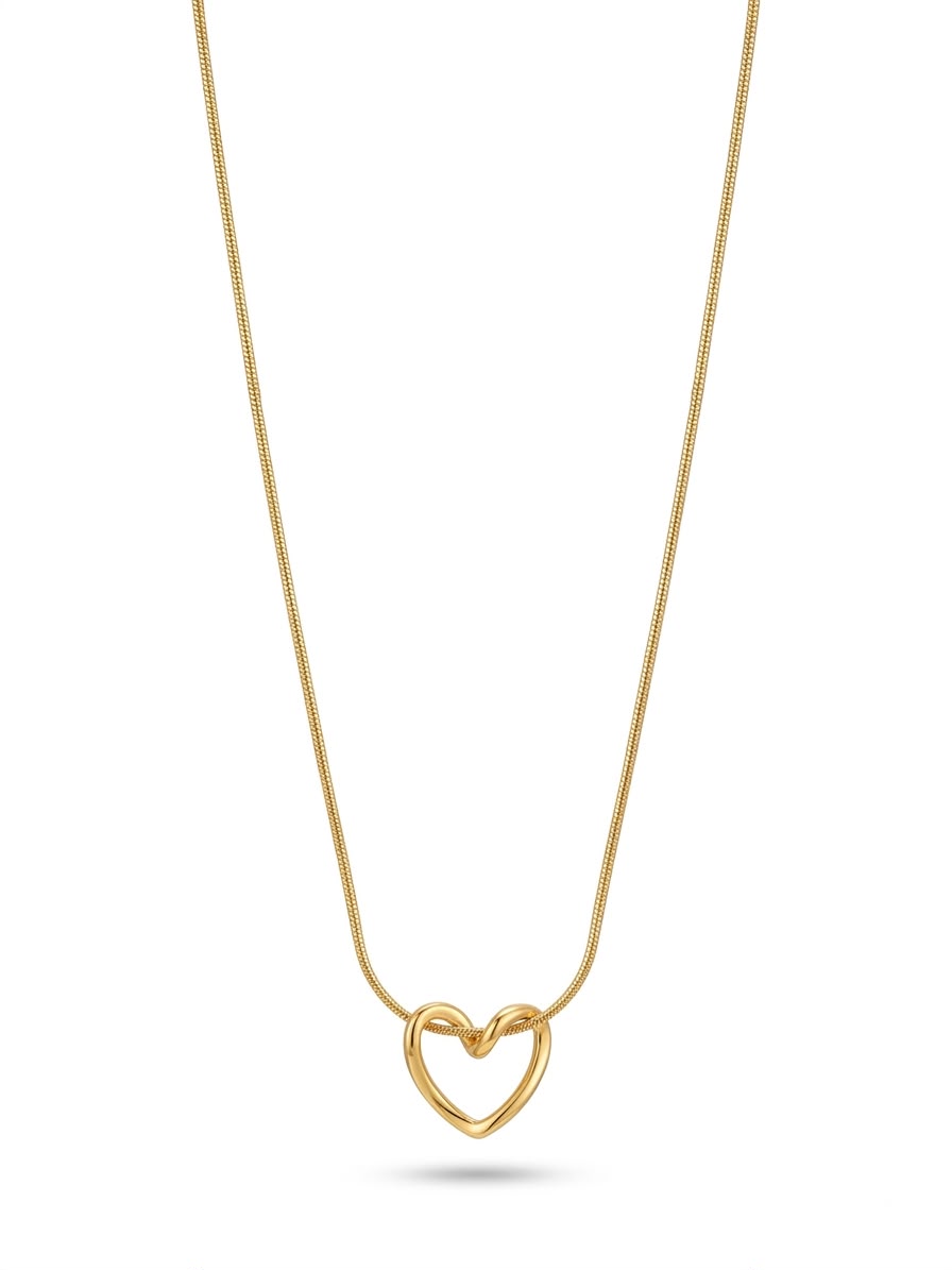 A delicate gold chain necklace featuring a small, open heart-shaped pendant with a knotted center, shown against a plain white background.
