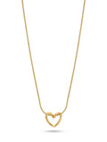 A delicate gold chain necklace featuring a small, open heart-shaped pendant with a knotted center, shown against a plain white background.