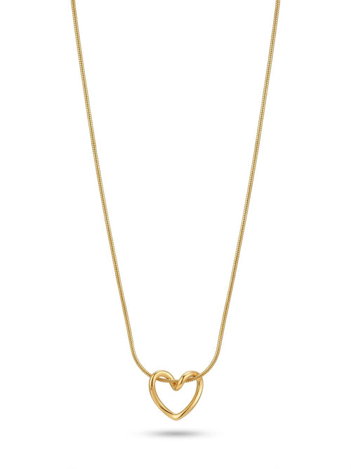 A delicate gold chain necklace featuring a small, open heart-shaped pendant with a knotted center, shown against a plain white background.