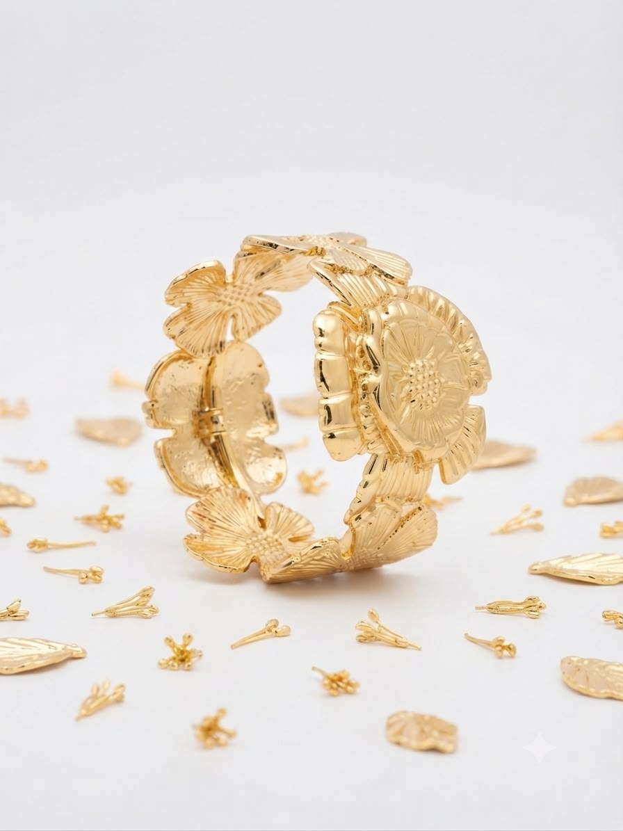 A close-up of a gold floral cuff bracelet worn on a person's wrist, with their hand resting gently above it against a soft neutral background.
