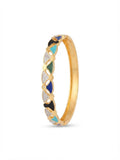 A gold-plated bangle bracelet featuring a repeating pattern of small teardrop-shaped enamel inserts in black, blue, green, and turquoise, accented with clear pavé stones, shown on a plain white background.