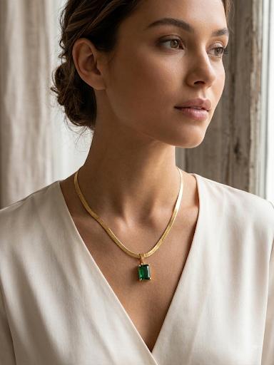 Emerald Cut Green Pendant Necklace | 18K Gold Plated Snake Chain