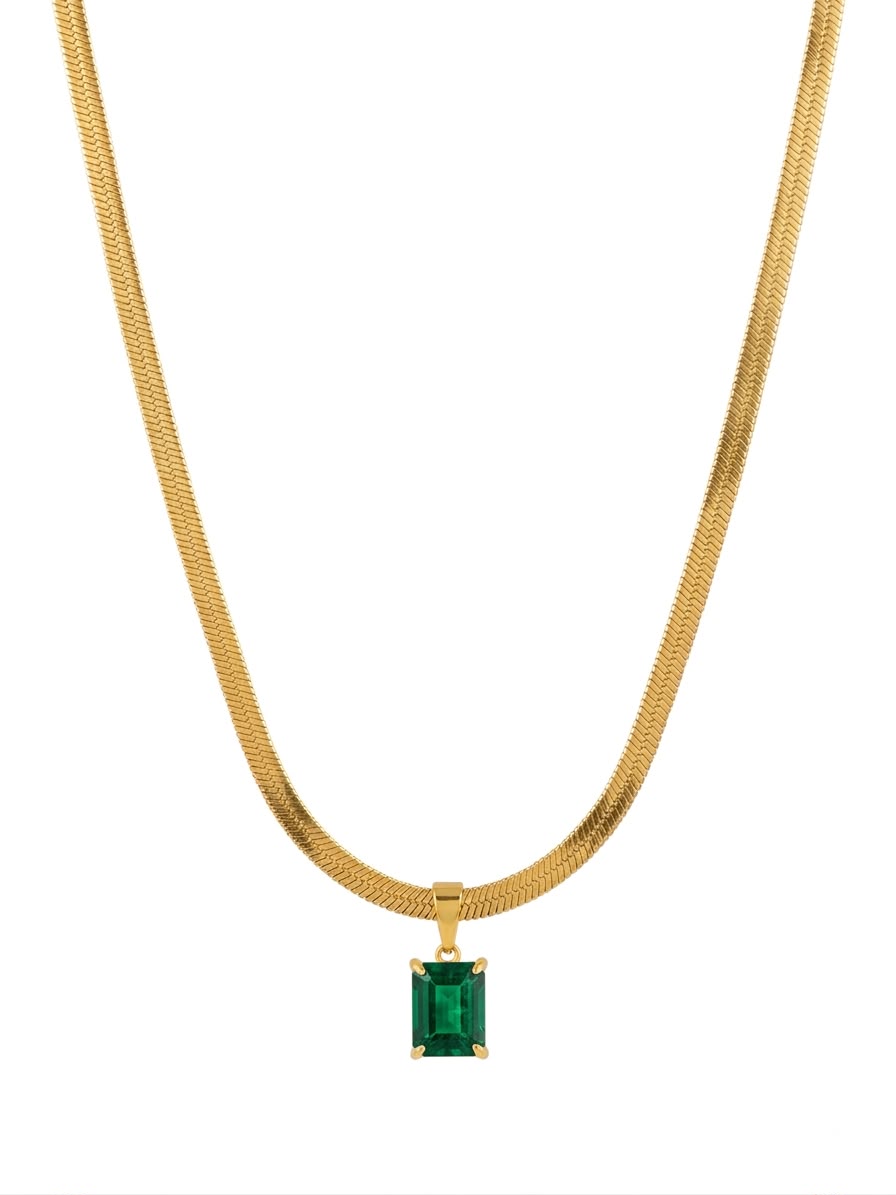 Emerald Cut Green Pendant Necklace | 18K Gold Plated Snake Chain