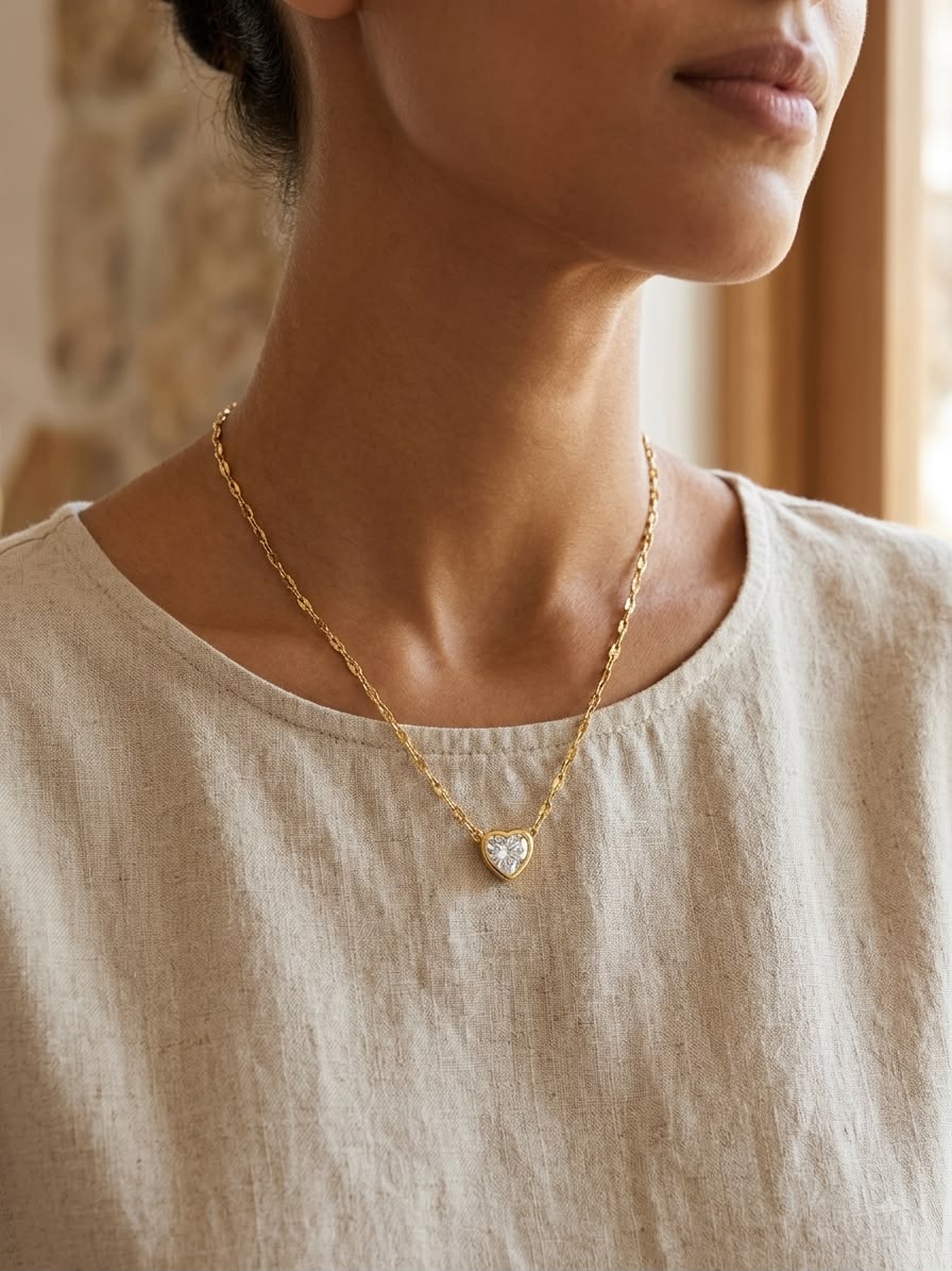 A close-up of a woman wearing a delicate gold chain necklace with a small heart-shaped clear crystal pendant, paired with a light beige linen top.