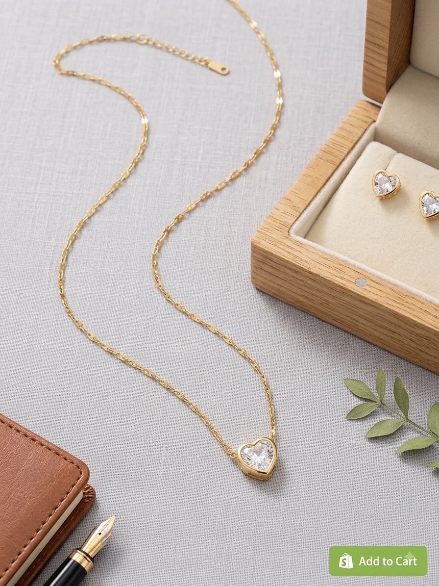 A gold heart-shaped pendant necklace and matching heart stud earrings displayed on a light gray textured surface, with a wooden jewelry box, notebook, pen, and green leaves as styled props.