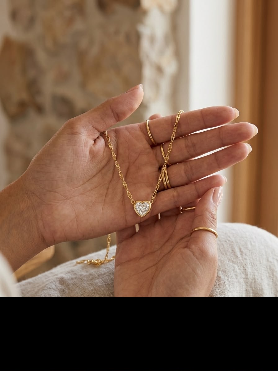 A close-up of a person's hands holding a delicate gold chain necklace with a heart-shaped clear stone pendant, with matching gold rings on the fingers, set against a softly blurred indoor background.