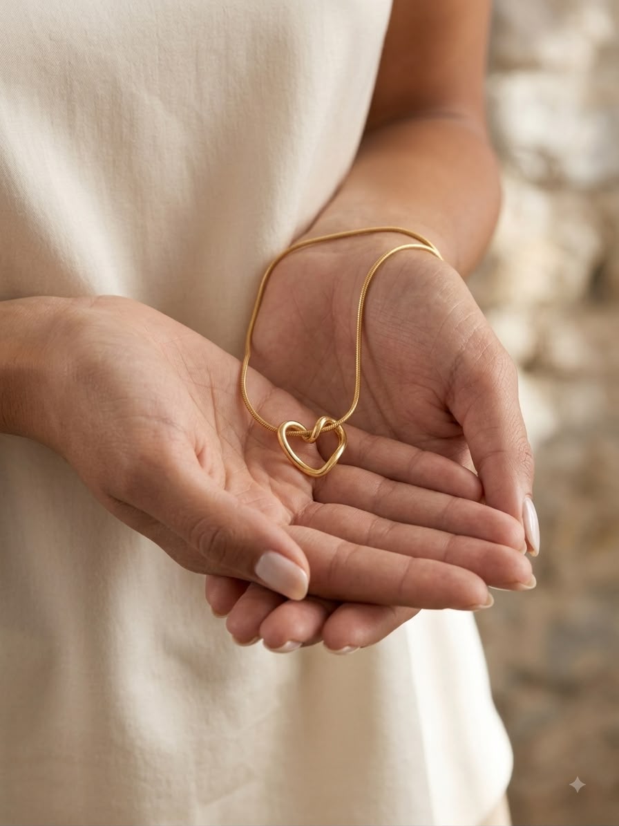 A delicate gold chain necklace with a double interlocking heart pendant, held in the cupped hands of a person wearing a cream-colored top.