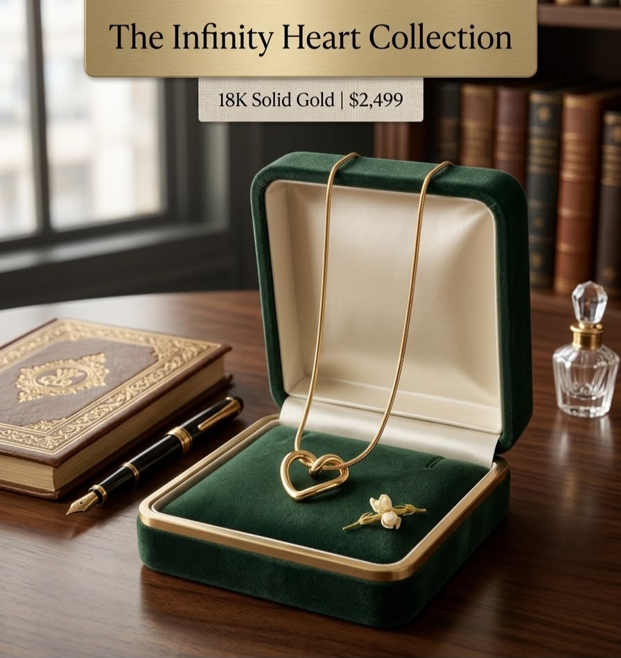 An open dark green velvet jewelry box on a wooden table, displaying a gold heart pendant necklace and a small gold flower pin. A book, pen, and perfume bottle sit beside the box, with a banner at the top reading 'The Infinity Heart Collection' and '18K Solid Gold | $2,499'.