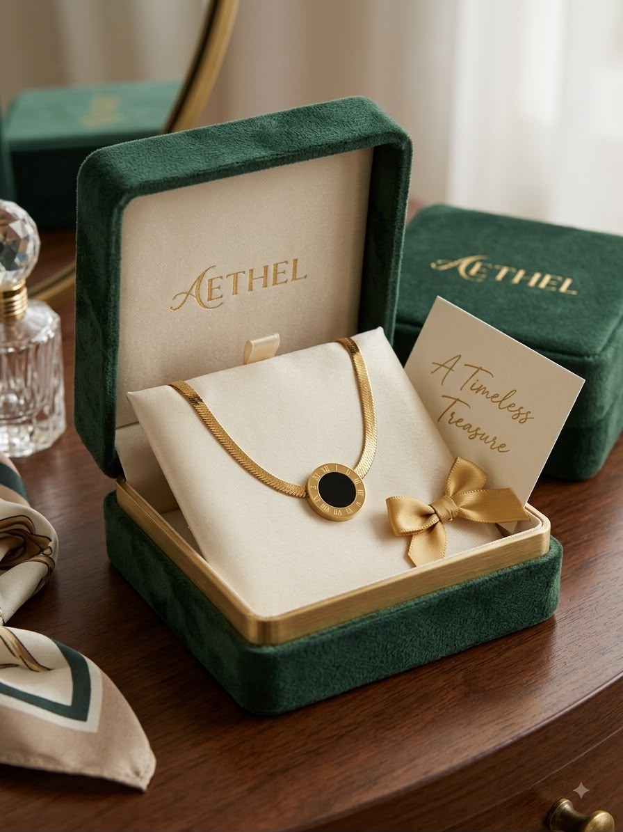 A gold necklace with a round black center pendant is displayed inside an open dark green velvet jewelry box. The box is branded AETHEL, and a small card reading 'A Timeless Treasure' rests beside the necklace.