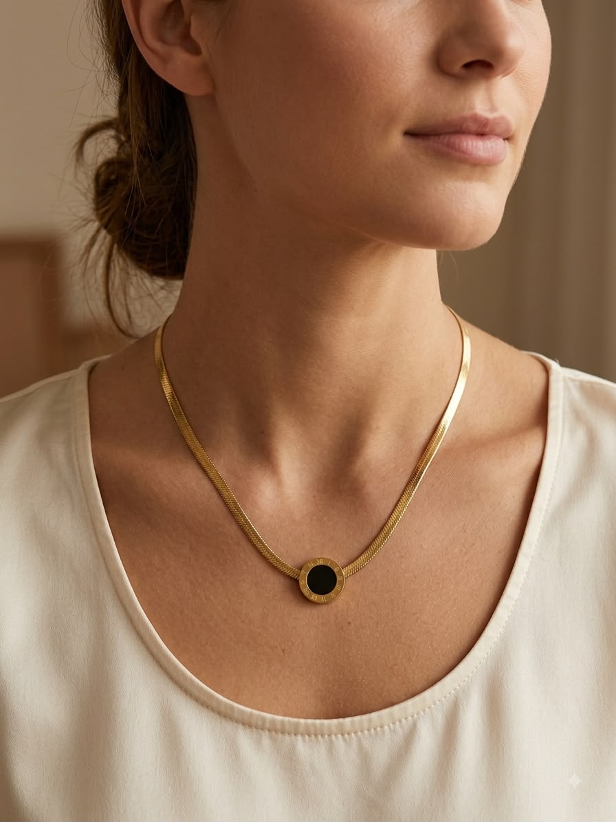 A close-up of a woman wearing a gold snake chain necklace with a small circular black onyx pendant, paired with a cream-colored top.