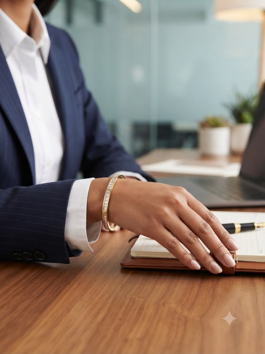 A close-up lifestyle shot of a woman in a navy blue pinstripe blazer and white shirt resting her hand on a brown leather notebook on a wooden desk. She is wearing a gold bangle bracelet.
