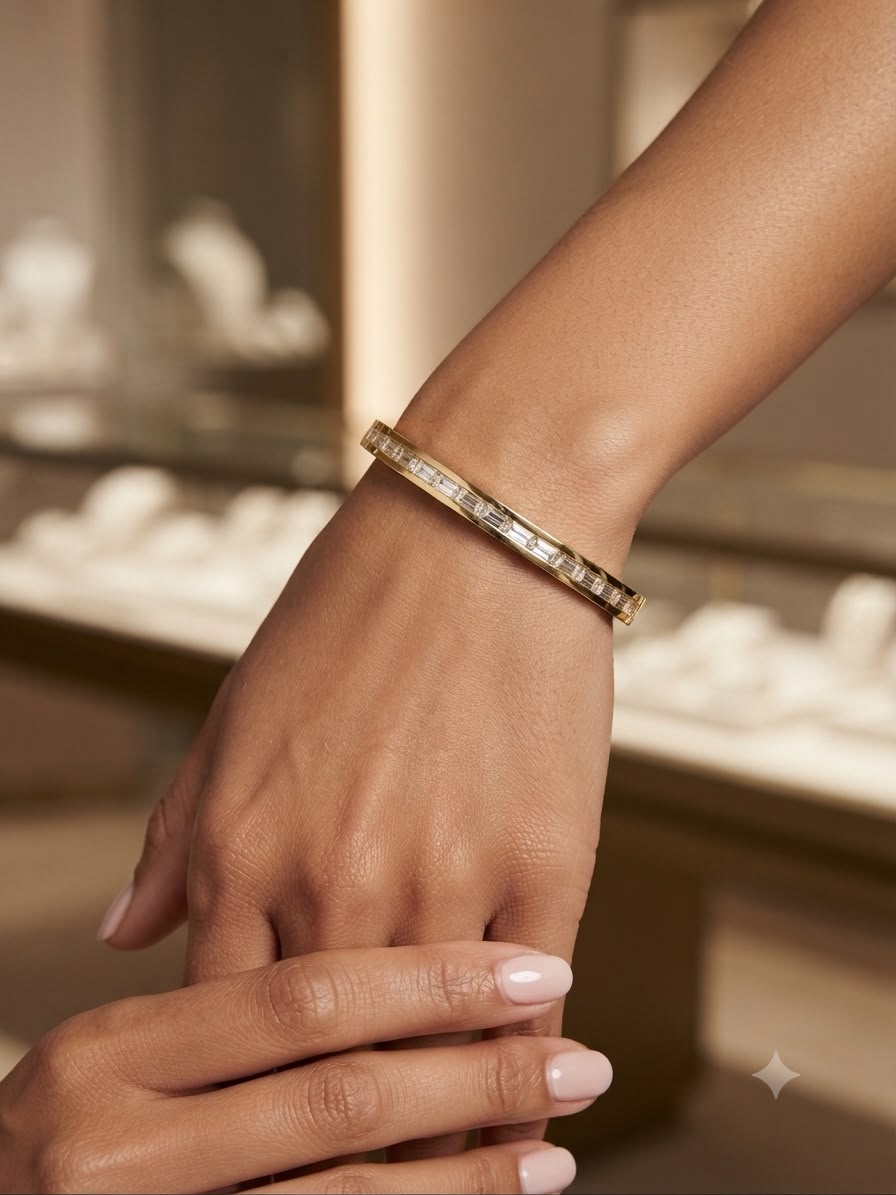 A close-up of a person's wrist wearing a slim gold bangle bracelet with a row of small clear stones, set against a softly blurred jewelry store background.