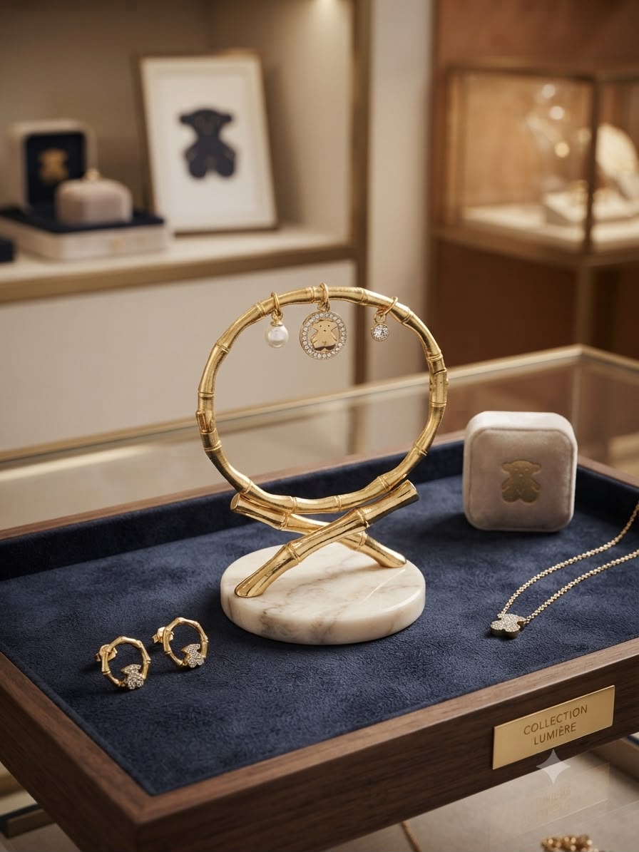 A gold jewelry display stand shaped like a circular bamboo frame on a white marble base, holding a small pendant, displayed in a luxury jewelry boutique on a dark blue velvet tray next to matching gold jewelry.