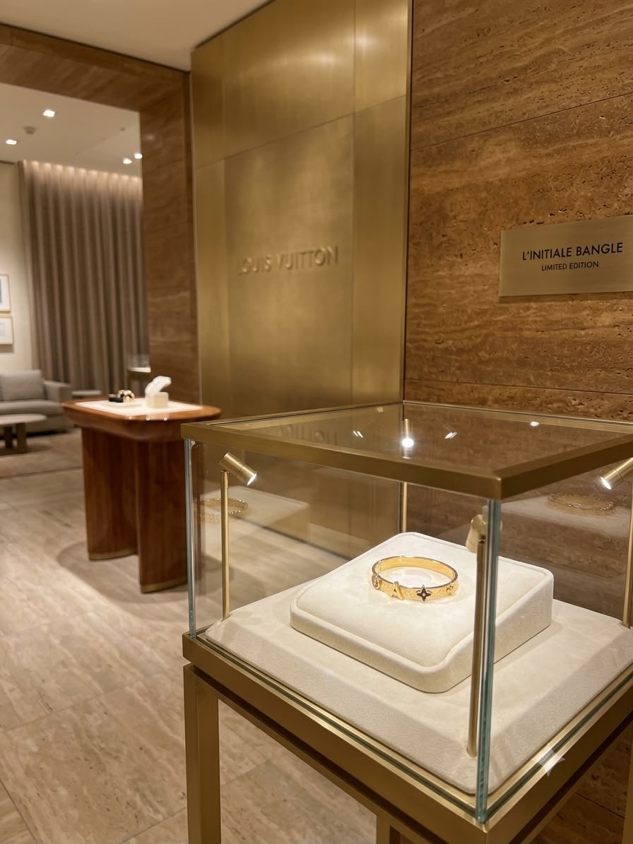 A gold bracelet displayed inside a glass and gold Louis Vuitton retail showcase case, set in a luxury boutique with warm wood and gold-toned walls.