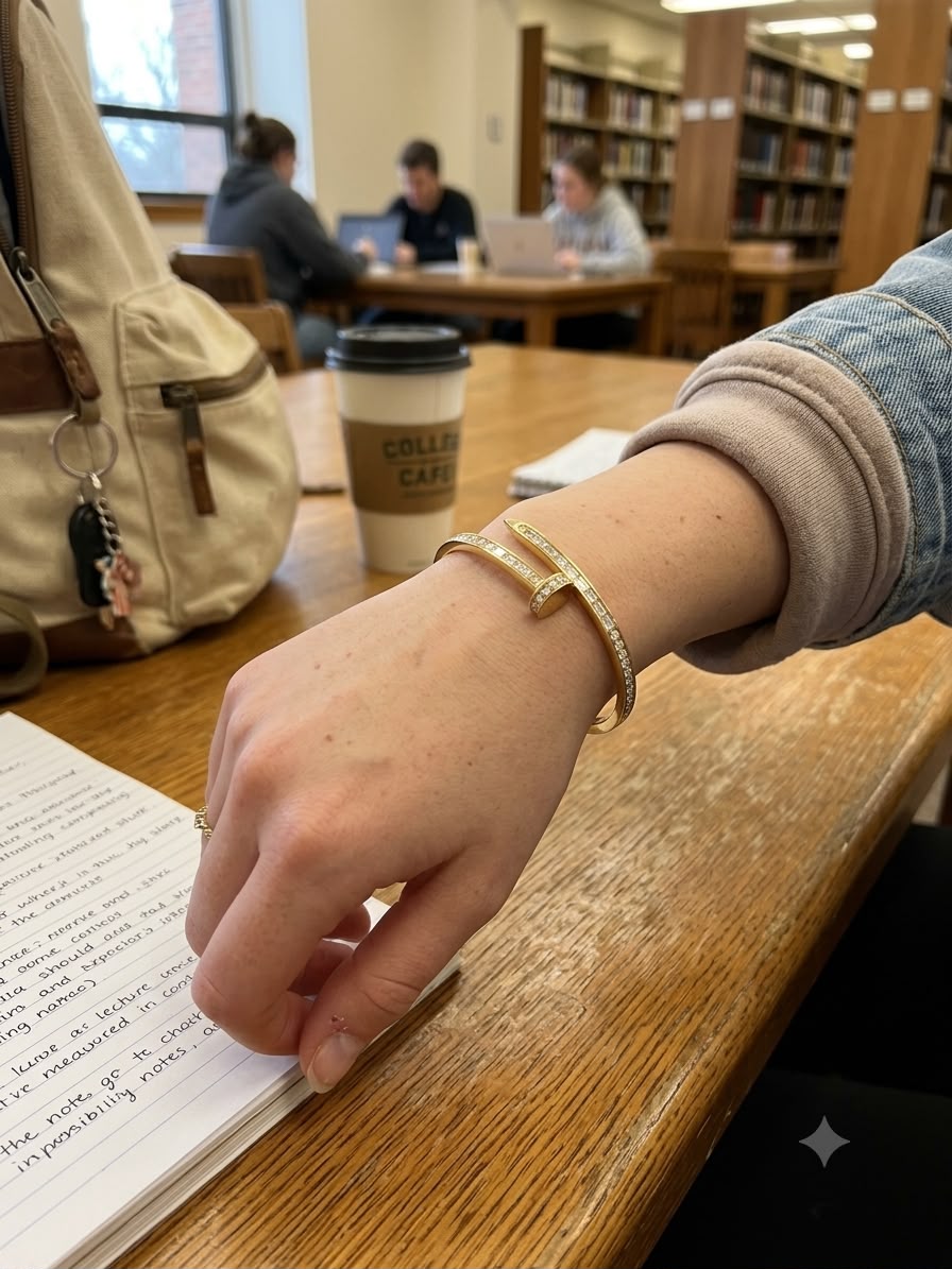 A gold-toned metal cuff bracelet with a textured center, worn on a person's wrist in a library study setting. The scene includes a wooden table, a beige canvas backpack, a coffee cup, and bookshelves in the background.