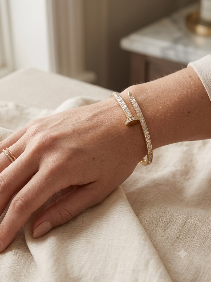 A close-up of a person's hand and wrist wearing a slim gold cuff bracelet with pavé-set clear stones, resting on a textured cream linen surface.