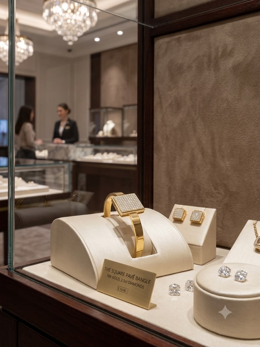 A luxury gold square pave bangle and matching earrings displayed on cream-colored jewelry stands inside a high-end boutique jewelry display case. The bangle features a sparkling diamond-encrusted face and a polished gold band, with a descriptive gold sign in front.