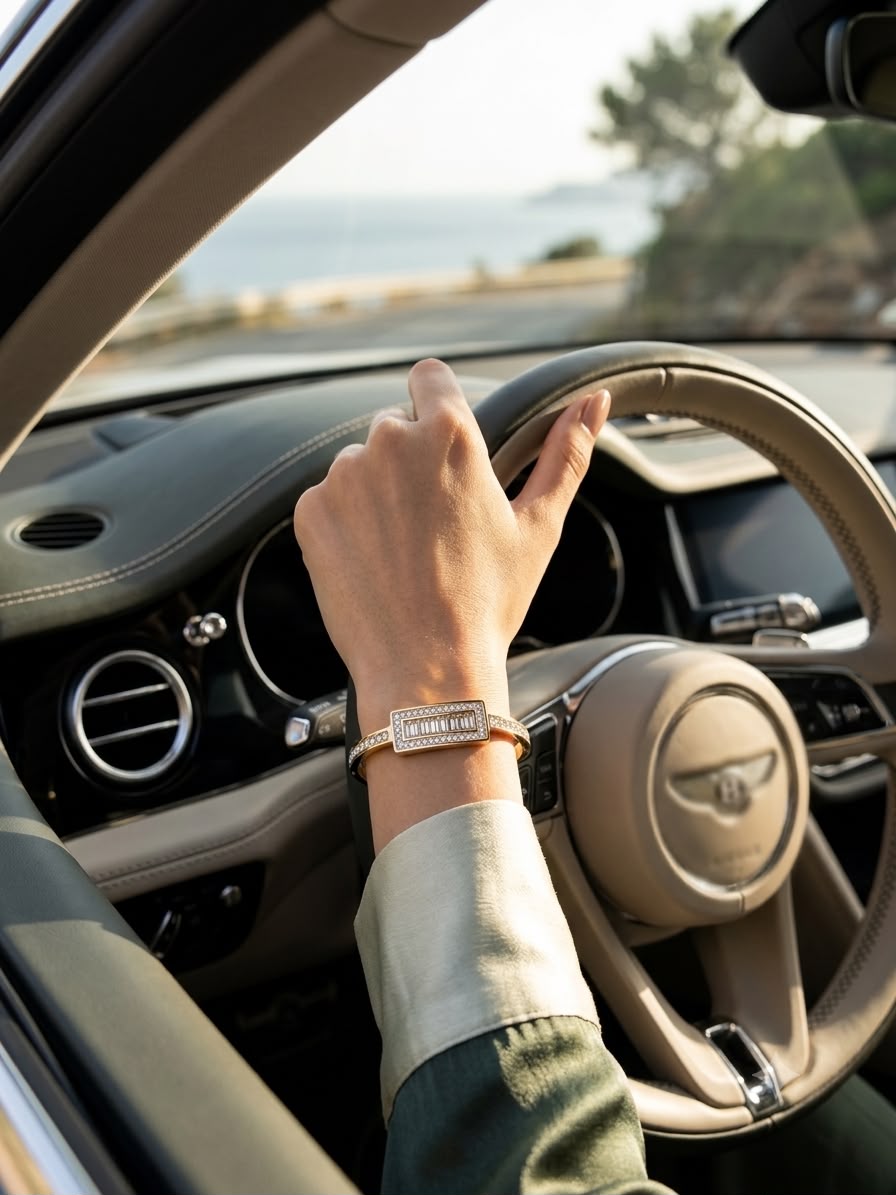 A close-up lifestyle shot of a person's hand resting on a car steering wheel, wearing a rectangular silver-toned metal bracelet with a warm gold-toned band and a small central crystal detail.