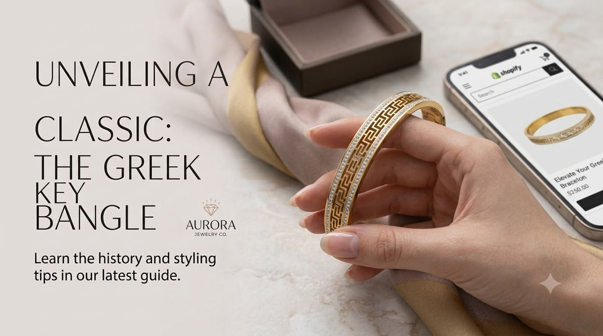 A hand holds a gold bangle bracelet with a Greek key pattern. A smartphone screen shows a Shopify store page for the bracelet, and a jewelry box sits in the background.