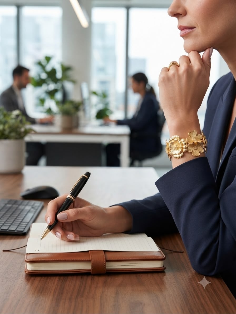 A close-up lifestyle shot of a woman in a navy blazer sitting at a wooden desk, holding a black and gold pen over an open notebook. She is wearing a prominent gold flower-shaped cuff bracelet and a gold ring, with a blurred modern office environment in the background.
