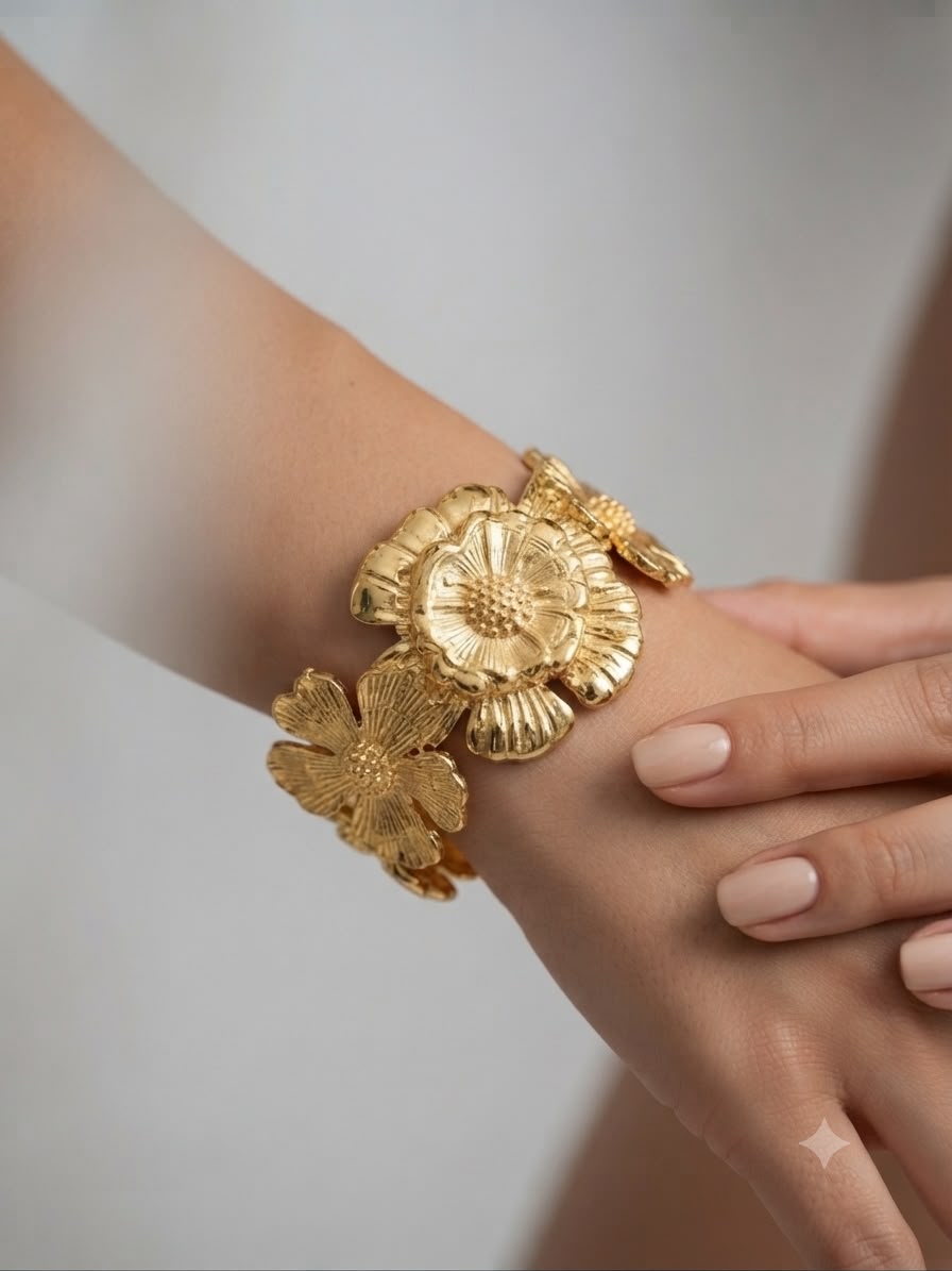 A close-up of a gold floral cuff bracelet worn on a person's wrist, with their hand resting gently above it against a soft neutral background.