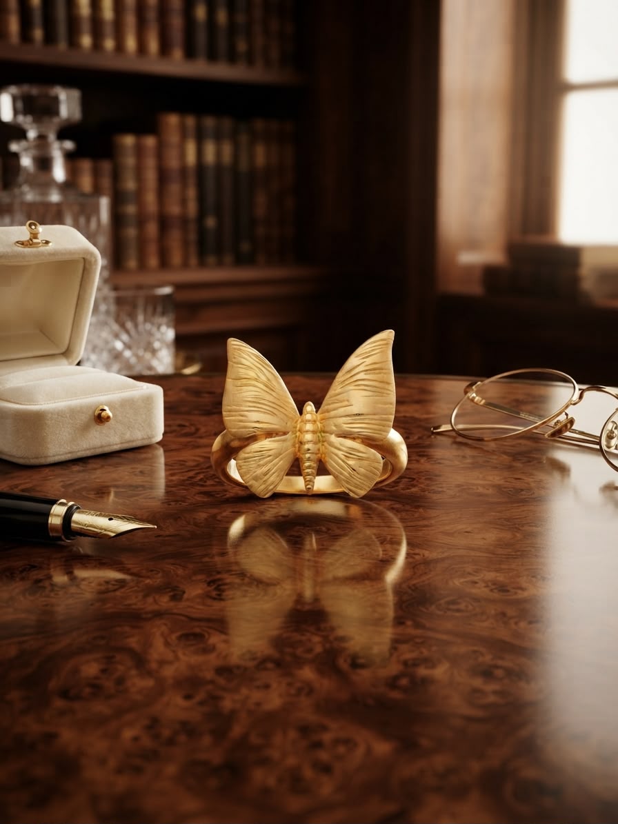 A gold butterfly-shaped ring displayed on a polished wooden desk, with an open cream jewelry box, a fountain pen nib, and eyeglasses nearby in a warm, book-filled room.