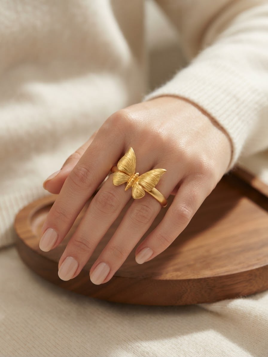 A close-up of a hand wearing a textured gold butterfly ring, resting on a wooden tray against a soft cream-colored knit sweater background.