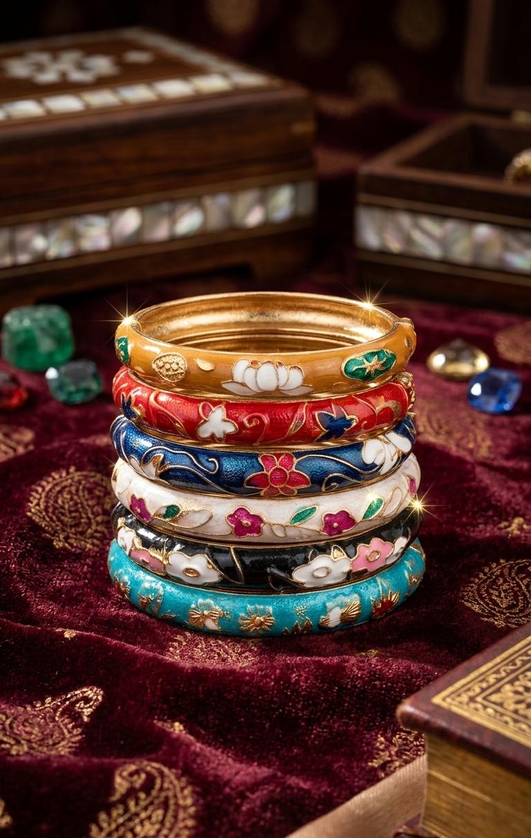A stack of six ornate, hand-painted bangles with intricate floral and geometric patterns in gold, red, blue, white, black, and turquoise, displayed on a dark red velvet surface.