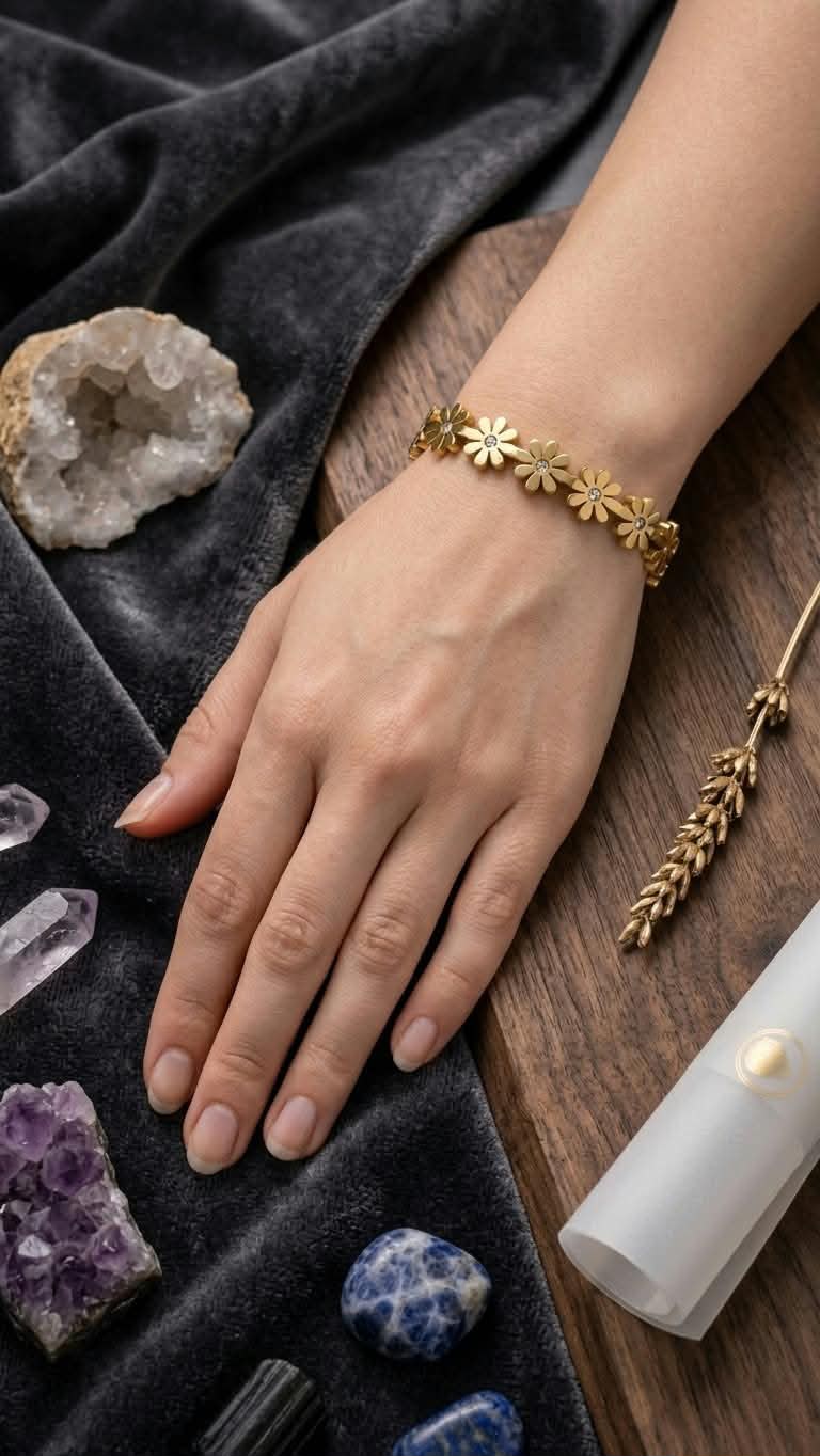 A gold floral bracelet worn on a woman's wrist, shown in a styled flat-lay with crystals, a geode, and a white tube on a dark gray velvet cloth and wooden surface.