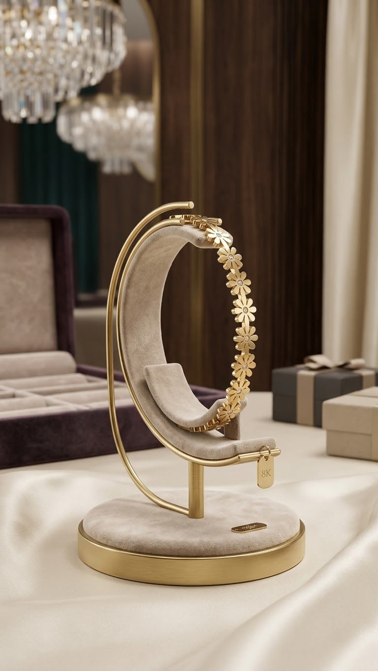 A gold floral-patterned bangle bracelet displayed on a gold and beige velvet jewelry stand, set on a draped white tablecloth in an elegant room with a chandelier and gift boxes in the background.