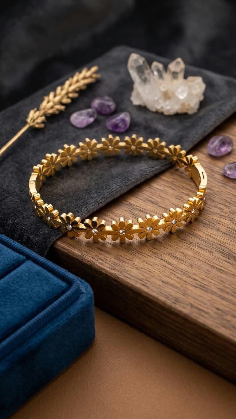 A gold floral bangle bracelet displayed on a dark velvet cloth over a wooden surface, with purple crystals, a crystal cluster, a dried wheat stem, and a blue jewelry box nearby.