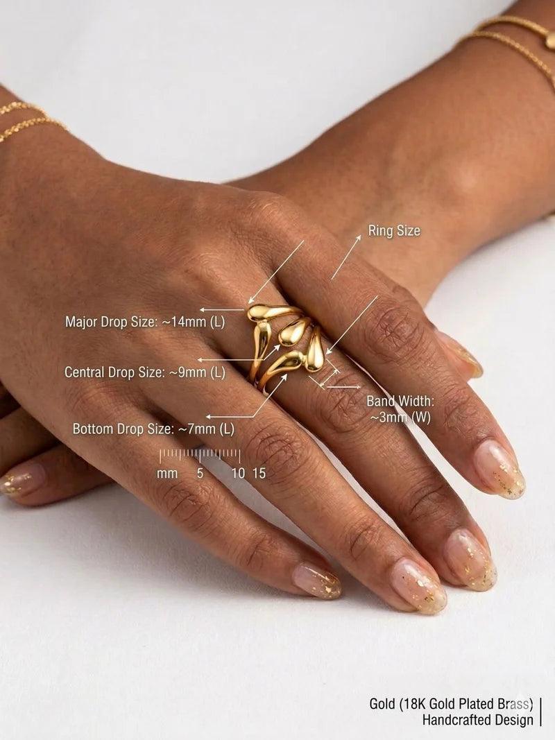 A close-up of a person's hand wearing a gold ring, with measurement callouts indicating ring size, major drop size, central drop size, and bottom drop size. The ring has an organic, sculptural textured design.